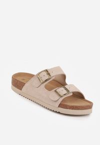 Renee - Beżowe Zamszowe Klapki Klasyczne z Regulowanymi Paskami ze Sprzączkami Shirinixis. Okazja: na co dzień. Kolor: beżowy. Materiał: zamsz. Wzór: paski. Sezon: lato. Styl: klasyczny #6