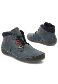 Granatowe Trzewiki Rieker Ocieplane Buty Damskie. Okazja: na co dzień. Kolor: niebieski. Materiał: dzianina, skóra ekologiczna. Szerokość cholewki: normalna. Wzór: kolorowy. Styl: casual #3