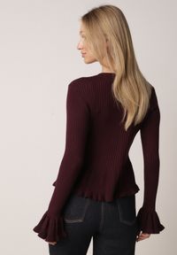 Born2be - Bordowy Elegancki Kardigan z Wiskozy z Falbankami i Guzikami z Cyrkoniami Orsea. Okazja: na co dzień. Typ kołnierza: kołnierz z falbankami. Kolor: czerwony. Materiał: wiskoza. Wzór: aplikacja. Styl: elegancki #8