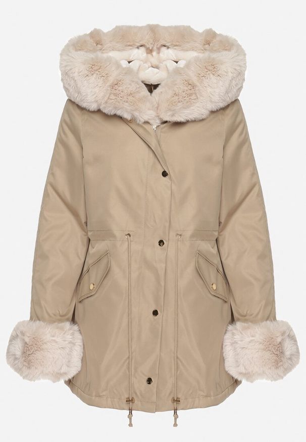 Born2be - Beżowa Kurtka Parka z Kapturem i Odpinanymi Futerkowymi Wstawkami Ściągana w Pasie Savanella. Okazja: na co dzień. Typ kołnierza: kaptur. Kolekcja: plus size. Kolor: beżowy. Materiał: dzianina, jeans. Styl: klasyczny, casual
