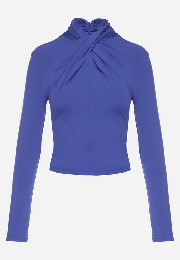 Born2be - Niebieska Bluzka z Półgolfem Ozdobiona Drapowaniem Binare. Okazja: na co dzień. Kolor: niebieski. Materiał: wiskoza, jeans. Wzór: aplikacja. Styl: elegancki, casual, klasyczny