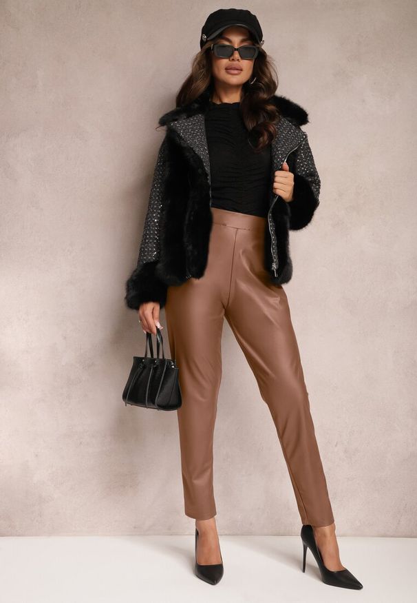 Renee - Brązowe Spodnie Standard z Imitacji Skóry Tamran. Kolor: brązowy. Materiał: skóra ekologiczna