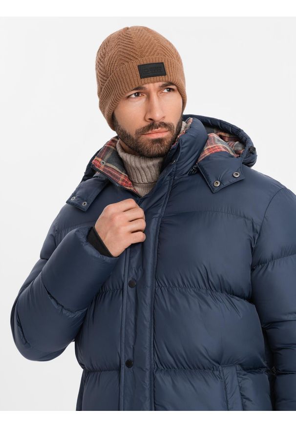 Ombre Clothing - Kurtka męska puffer z podszewką w kratę – granatowa V1 - Rozmiar: S. Kolor: niebieski. Materiał: guma, poliester, materiał, bawełna, syntetyk, nylon. Długość: długie. Wzór: aplikacja