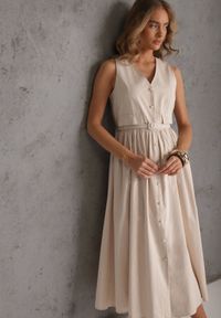 Renee - Beżowa Rozkloszowana Sukienka z Bawełną i Wiskozą Ozdobiona Paskiem Amalis. Kolor: beżowy. Materiał: wiskoza, bawełna. Wzór: aplikacja. Typ sukienki: rozkloszowane. Styl: elegancki #1