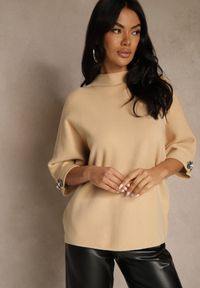 Renee - Beżowy Sweter z Cyrkoniami przy Rękawach Corentusa. Okazja: na co dzień. Kolor: beżowy. Materiał: jeans. Wzór: aplikacja. Styl: casual, elegancki #3