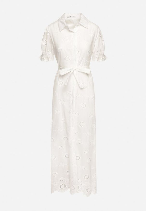 Born2be - Biała Koszulowa Sukienka z Ażurowym Haftem i Bufiastymi Rękawami Lieve. Okazja: na co dzień. Kolor: biały. Materiał: materiał. Wzór: ażurowy, haft. Typ sukienki: koszulowe. Styl: casual, elegancki