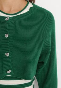 Born2be - Zielony 2-Częściowy Komplet Midi Sukienka w Paski z Frędzlami i Krótki Kardigan z Cyrkoniami Emoncja. Kolor: zielony. Wzór: paski #3