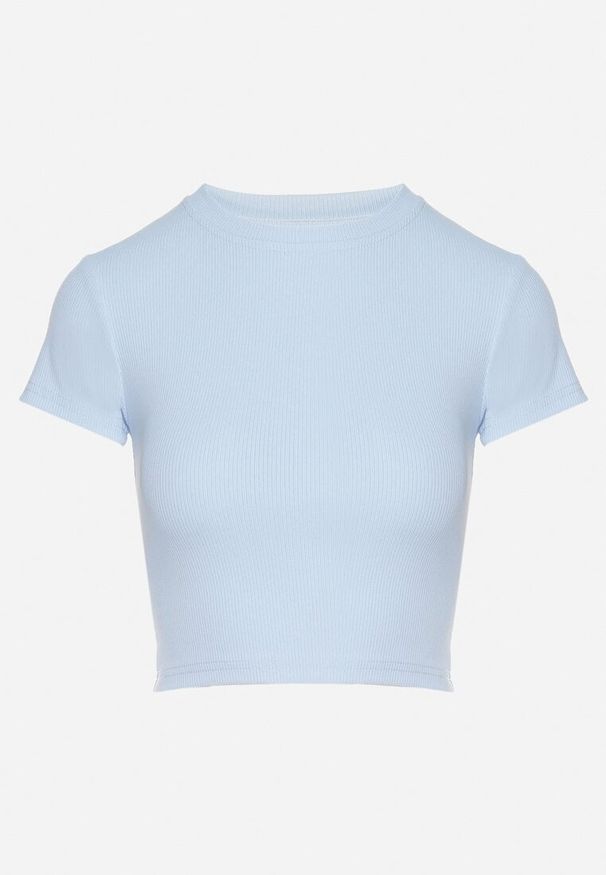 Born2be - Jasnoniebieski T-shirt z Prążkowanego Materiału o Krótkim Kroju Telunna. Okazja: na co dzień, na spotkanie biznesowe. Kolor: niebieski. Materiał: materiał, prążkowany. Długość: krótkie. Styl: biznesowy, klasyczny, elegancki, casual