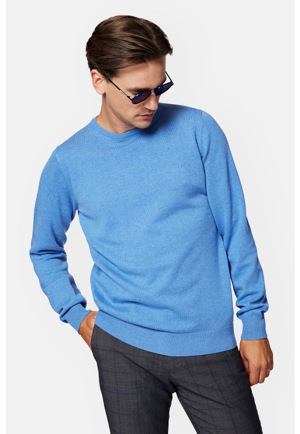 Lancerto - Sweter Niebieski z Bawełną Gładki Morey. Kolor: niebieski. Materiał: bawełna, elastan. Wzór: gładki