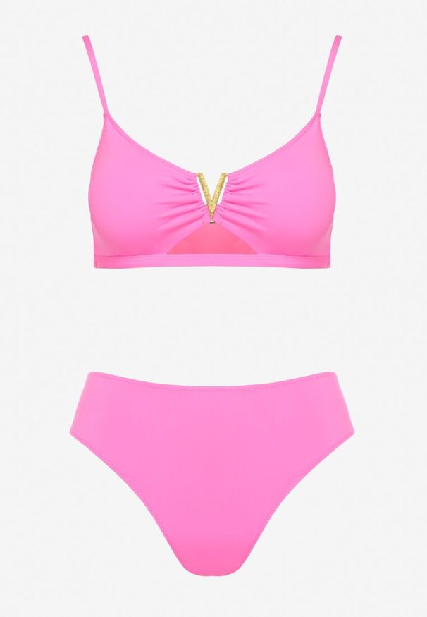 Renee - Fuksjowe Bikini Majtki Figi i Biustonosz Ozdobiony Metaliczną Aplikacją Kinniela. Kolor: różowy. Wzór: aplikacja
