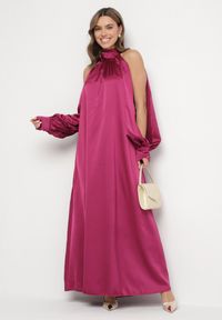 Born2be - Fioletowa Sukienka z Satyny Ozdobiona Wiązaniem Solreti. Kolor: fioletowy. Materiał: satyna. Wzór: aplikacja. Typ sukienki: proste. Styl: elegancki #2