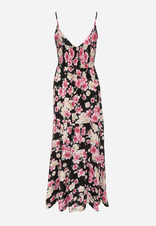 Born2be - Czarna Sukienka Damaia. Typ kołnierza: kołnierz z falbankami. Kolor: czarny. Materiał: wiskoza. Długość rękawa: na ramiączkach. Wzór: kwiaty. Długość: maxi