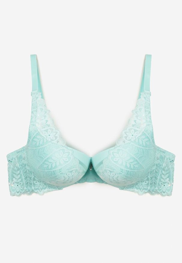 Renee - Miętowy Biustonosz z Efektem Push Up Ozdobiony Koronką Ivmeria. Kolor: miętowy. Materiał: koronka. Rodzaj stanika: push-up. Wzór: aplikacja, koronka