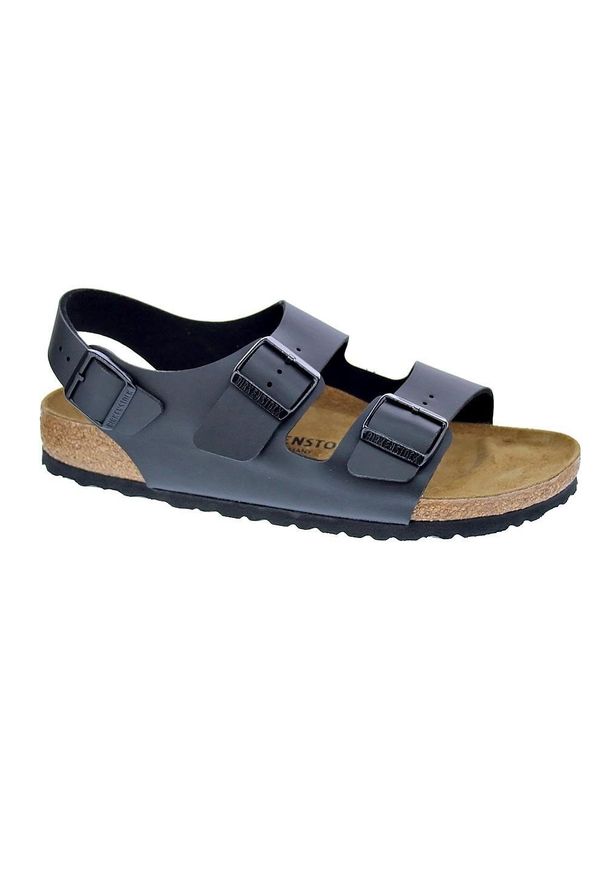 Birkenstock Milano Czarne Kapcie Dorosłych. Zapięcie: klamry. Kolor: czarny. Materiał: guma, materiał, skóra, syntetyk. Szerokość cholewki: normalna. Sport: turystyka piesza