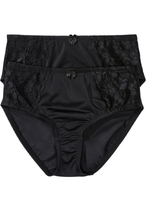 bonprix - Figi maxi z delikatną koronką (2 pary). Kolor: czarny. Materiał: koronka. Wzór: koronka