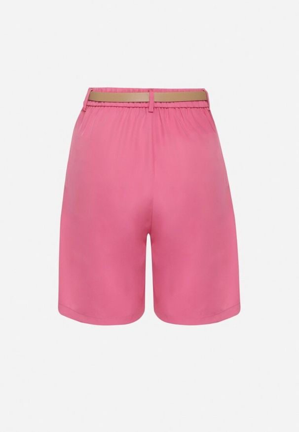 Born2be - Fuksjowe Eleganckie Szorty z Wiskozą z Dodatkowym Paskiem z Klamrą Resella. Okazja: na co dzień. Stan: podwyższony. Kolor: różowy. Materiał: wiskoza. Styl: elegancki
