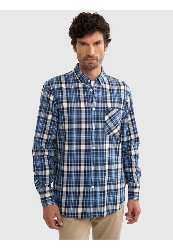 Big-Star - Koszula męska bawełniana w kratę niebieska Meroli 401. Kolor: niebieski. Materiał: bawełna. Wzór: haft, ze splotem. Styl: elegancki
