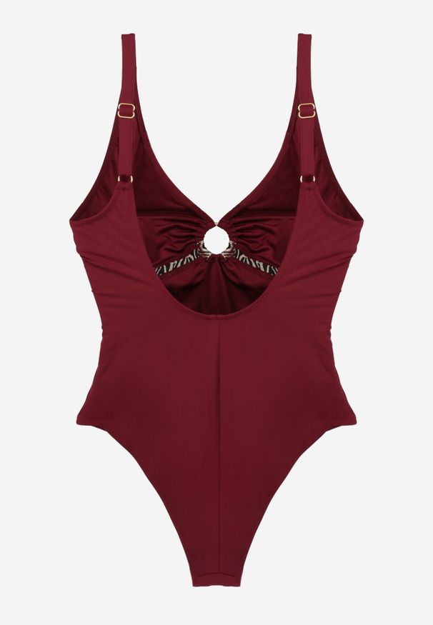 Born2be - Bordowy Jednoczęściowy Strój Kąpielowy z Ozdobnym Wycięciem Klamrą i Marszczeniem Vilinaya. Kolor: czerwony. Materiał: len