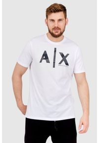 Armani Exchange - ARMANI EXCHANGE Biały t-shirt męski z szarym logo. Kolor: biały. Materiał: prążkowany #1