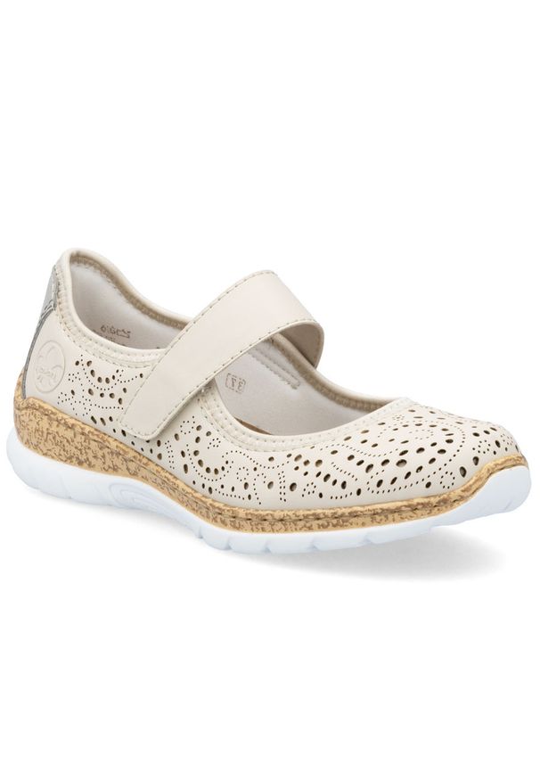 Półbuty damskie komfortowe na rzep ażurowe beżowe Rieker N4299-60. Zapięcie: rzepy. Kolor: beżowy. Materiał: skóra ekologiczna. Wzór: ażurowy