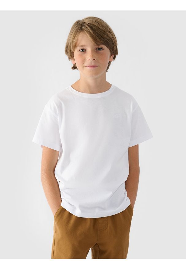 4f - 4F T-shirt gładki chłopięcy - biały 152 (11-12 lat). Okazja: na co dzień. Kolor: biały. Materiał: bawełna, materiał, jersey. Długość rękawa: krótki rękaw. Długość: krótkie. Wzór: gładki. Sezon: lato. Styl: klasyczny, młodzieżowy, sportowy, casual
