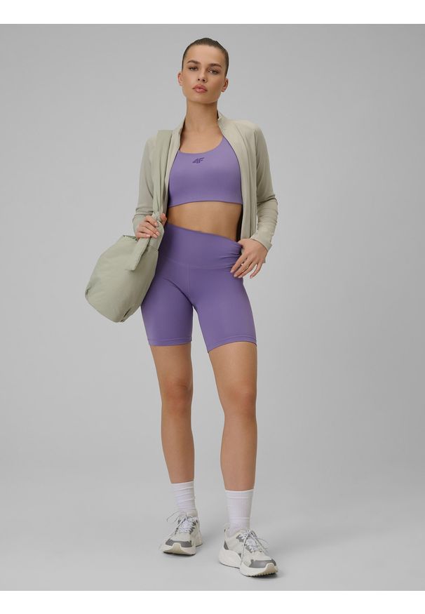 4f - 4F Legginsy kolarki treningowe damskie - fioletowe M. Stan: podwyższony. Kolor: fioletowy. Materiał: włókno