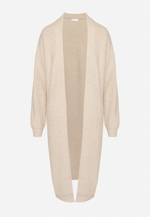 Born2be - Beżowy Klasyczny Długi Kardigan Niezapinany ze Ściągaczami przy Rękawach Arstel. Okazja: do pracy, na co dzień. Kolor: beżowy. Materiał: jeans. Długość: długie. Styl: klasyczny