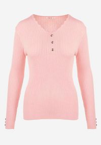 Born2be - Różowy Sweter z Prążkowanej Dzianiny Olifoncen. Kolor: różowy. Materiał: dzianina, prążkowany. Wzór: aplikacja #2