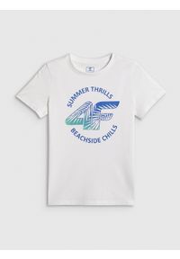 4f - 4F T-shirt loose z nadrukiem chłopięcy - biały 146 (10-11 lat). Okazja: na co dzień, na uczelnię. Kolor: biały. Materiał: dzianina, materiał, dresówka, bawełna, skóra. Wzór: nadruk. Sezon: lato. Styl: casual #1