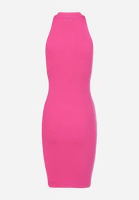 Born2be - Fuksjowa Dopasowana Sukienka Mini z Ozdobnym Dekoltem z Prążkowanej Dzianiny Kaile. Kolor: różowy. Materiał: dzianina, prążkowany. Długość rękawa: bez rękawów. Wzór: ażurowy. Długość: mini #5