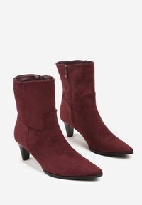 Renee - Bordowe Botki na Stożku z Imitacji Zamszu Avinella. Okazja: na co dzień. Kolor: czerwony. Materiał: zamsz. Obcas: na stożku. Styl: casual. Wysokość obcasa: średni