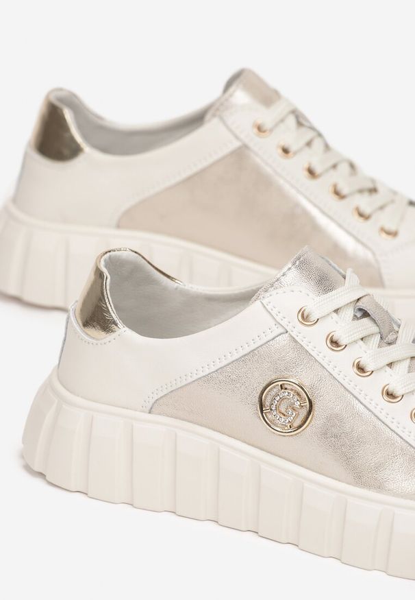 Renee - Beżowo-Złote Sznurowane Sneakersy ze Skóry Breana. Nosek buta: okrągły. Kolor: beżowy. Materiał: skóra