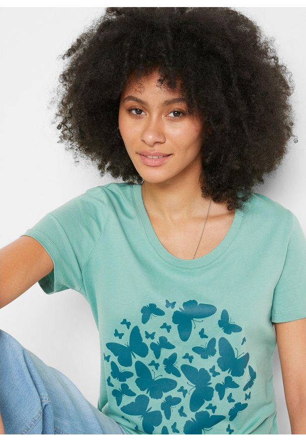 bonprix - T-shirt. Kolor: zielony. Długość rękawa: krótki rękaw. Długość: krótkie. Wzór: nadruk