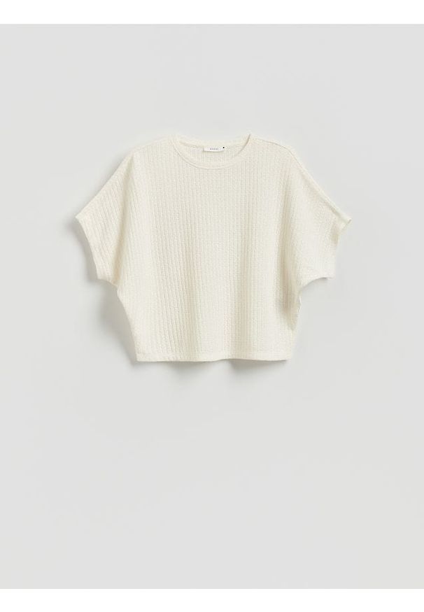 Reserved - Strukturalny t-shirt kimono - złamana biel. Materiał: bawełna, dzianina
