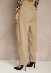 Renee - Beżowe Spodnie High Waist z Bawełny o Szerokim Kroju Nalitia. Okazja: na co dzień. Stan: podwyższony. Kolor: beżowy. Materiał: bawełna. Styl: casual #5