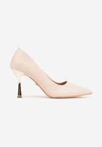 Renee - Beżowe Szpilki VICES ze Skórzaną Wkładką i Metalicznym Obcasem Nesslisa. Kolor: beżowy. Materiał: skóra. Obcas: na obcasie. Styl: elegancki, wizytowy. Wysokość obcasa: średni #1