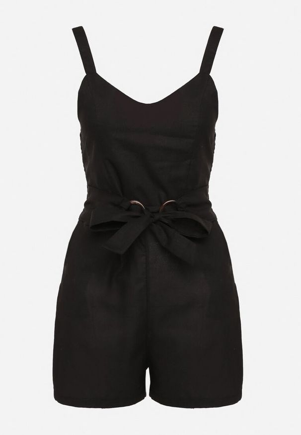 Born2be - Czarny Bawełniany Kombinezon na Regulowanych Ramiączkach z Paskiem w Talii Telnea. Okazja: na co dzień. Kolor: czarny. Materiał: bawełna. Długość rękawa: na ramiączkach. Styl: elegancki, casual