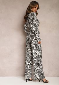 Renee - Czarno-Biały Długi Kombinezon z Ornamentalnym Wzorem i Wiązanym Paskiem Feniti. Kolor: czarny. Długość: długie. Styl: boho #4