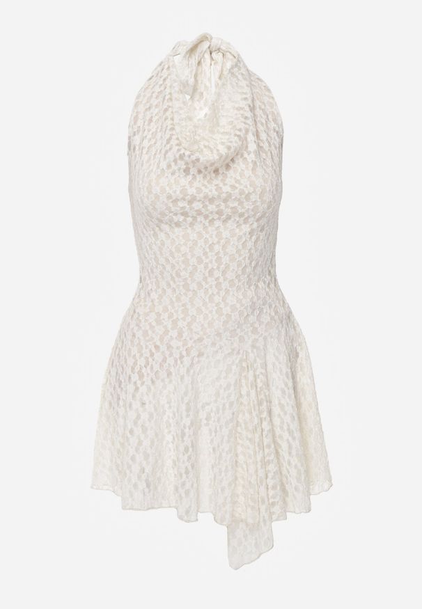 Born2be - Biała Rozkloszowana Sukienka z Koronki z Wiązaniem i Odkrytymi Plecami Bernisa. Okazja: na randkę. Kolor: biały. Materiał: koronka. Wzór: koronka