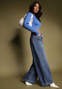 Renee - Niebieskie Jeansy z Bawełny o Szerokim Kroju High Waist Reanielis. Okazja: na co dzień. Stan: podwyższony. Kolor: niebieski. Styl: casual, elegancki, wizytowy #5