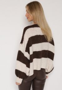 Born2be - Brązowy Wiązany Kardigan Oversize w Paski z Dodatkiem Wełny i Wiskozy Retire. Kolor: brązowy. Materiał: wełna, wiskoza. Wzór: paski #6