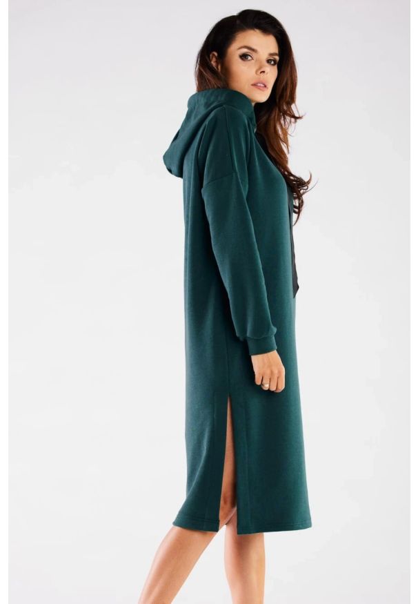 Infinite You - Bluzowa sukienka z kapturem bawełna premium zielona. Okazja: do domu, na spacer, na co dzień. Typ kołnierza: kaptur. Kolor: niebieski, zielony. Typ sukienki: sportowe, oversize, proste. Materiał: bawełna. Długość rękawa: długi rękaw. Sezon: zima, jesień. Styl: casual, elegancki, sportowy. Długość: midi