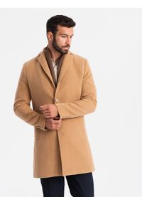 Ombre Clothing - Jednorzędowy długi męski płaszcz w stylu garniturowym – jasnobrązowy V3 - Rozmiar: XXL. Kolor: brązowy. Materiał: tkanina, poliester, materiał. Długość: długie. Wzór: jednolity. Styl: elegancki