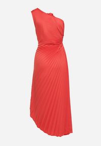 Born2be - Czerwona Plisowana Sukienka o Asymetrycznym Kroju z Wycięciem i Broszką w Kształcie Kwiatu Lavimas. Okazja: na imprezę. Kolor: czerwony. Wzór: kwiaty. Typ sukienki: asymetryczne. Styl: wizytowy, elegancki #4