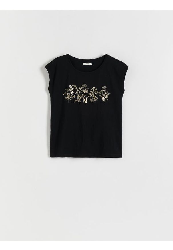 Reserved - T-shirt kimono z nadrukiem - czarny. Kolor: czarny. Materiał: bawełna. Wzór: nadruk