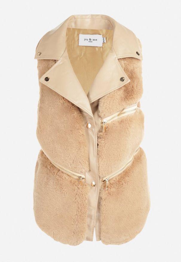 Born2be - Beżowa Kamizelka Futrzana Antedes. Kolor: beżowy. Materiał: futro. Długość rękawa: długi rękaw. Długość: długie. Wzór: aplikacja