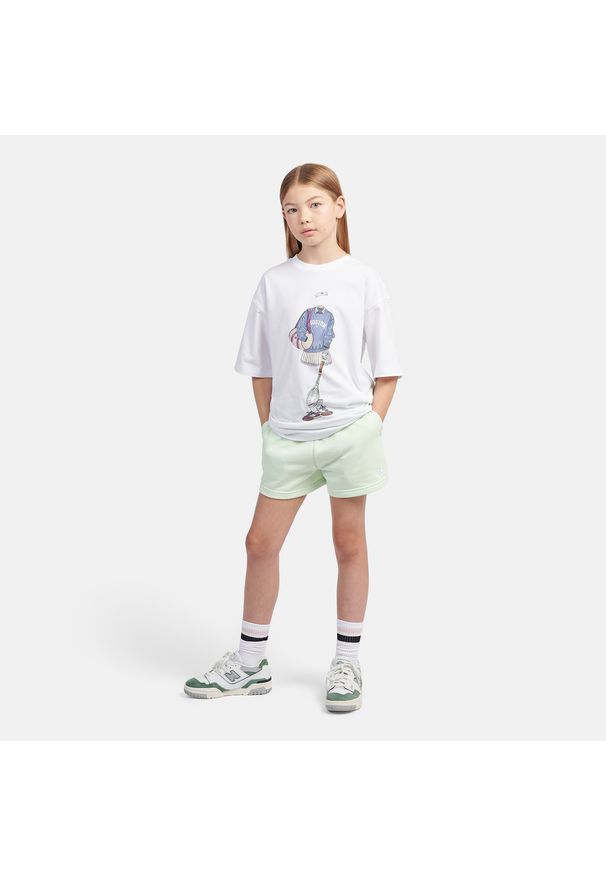 Spodenki dziecięce New Balance LAKG0006MEW – miętowe. Kolor: miętowy. Materiał: bawełna, poliester. Styl: sportowy