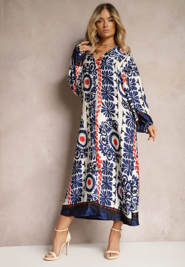 Renee - Niebieska Pudełkowa Sukienka z Satynowej Tkaniny w Ornamentalny Wzór Allilena. Okazja: na co dzień. Kolor: niebieski. Materiał: tkanina, satyna. Styl: casual, street