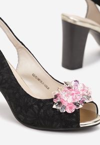 Born2be - Czarno-Złote Sandały na Słupku z Wkładką ze Skóry Naturalnej Piatdale. Zapięcie: pasek. Kolor: czarny. Materiał: skóra. Wzór: aplikacja. Obcas: na słupku. Styl: elegancki. Wysokość obcasa: średni #5