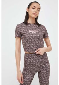 Guess t-shirt damski kolor brązowy. Kolor: brązowy. Materiał: skóra. Styl: klasyczny #5